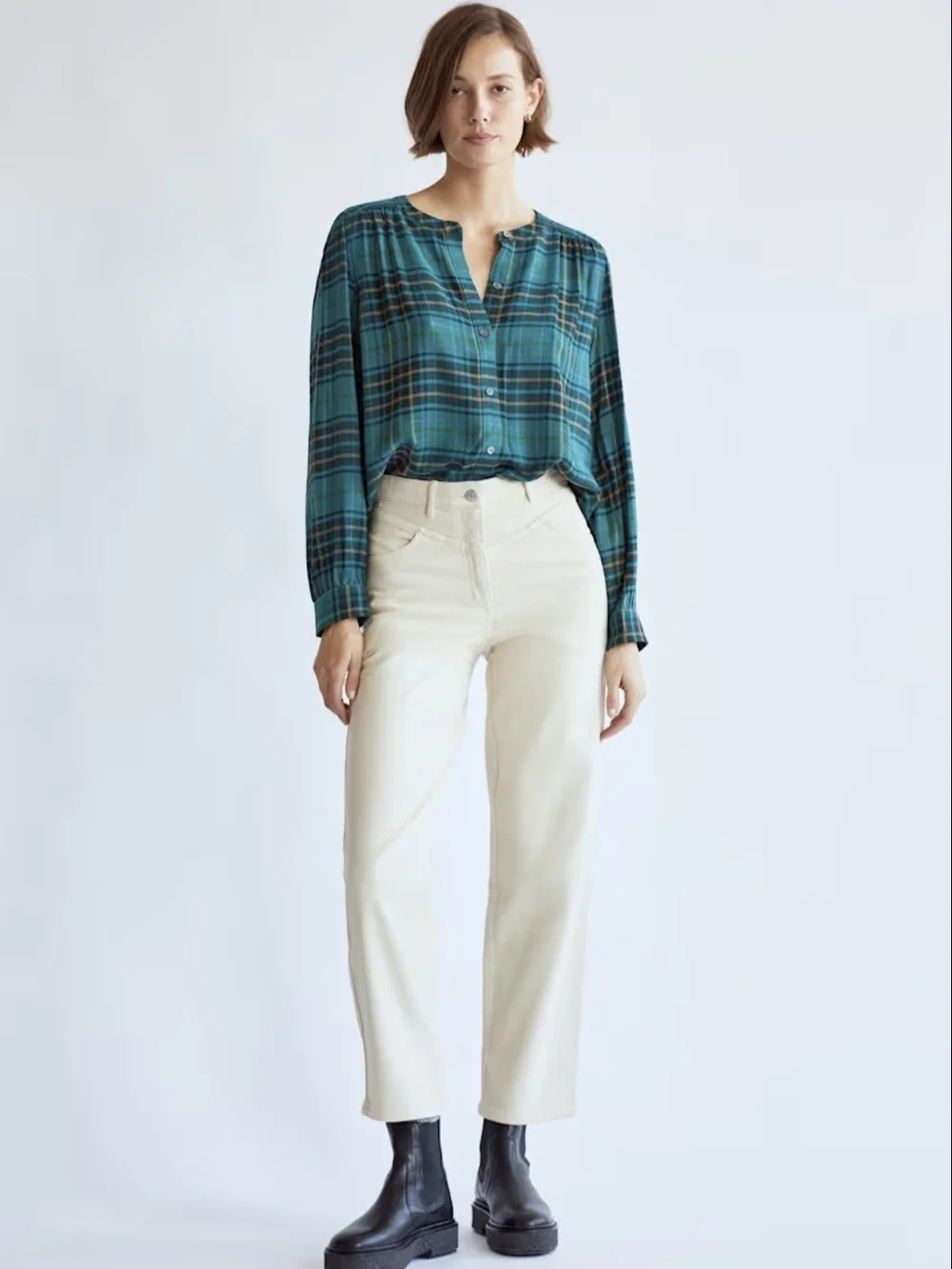 Wilfred Free Aritzia Teal Plaid Button Down Blouse Dark Academia Coquette Small - Picture 2 of 10